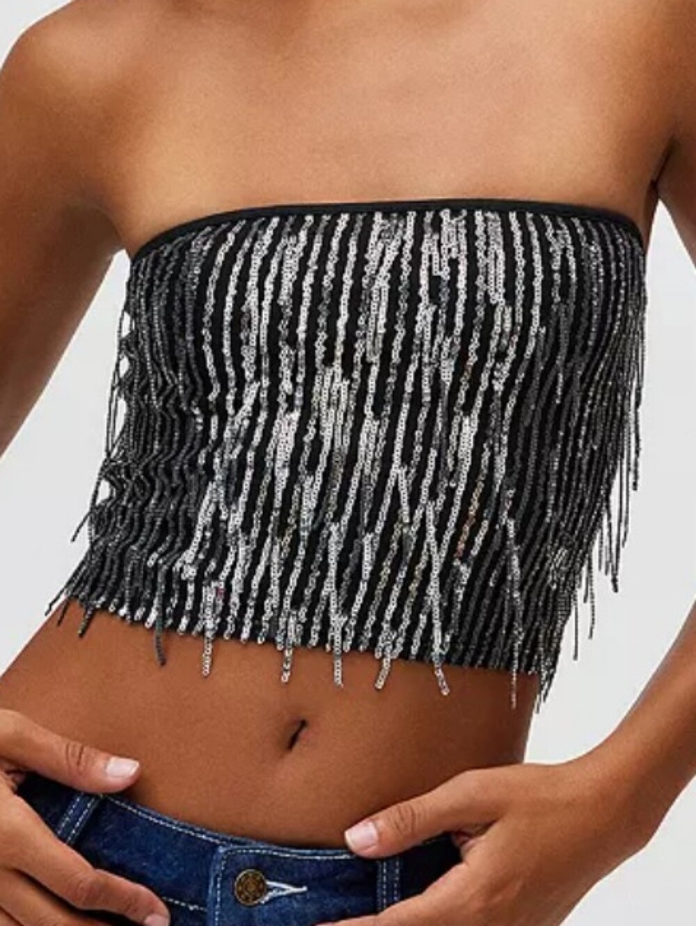 silence + noise Black & Silver Sequin Fringe Strapless Urban Outfitters XL NWOT